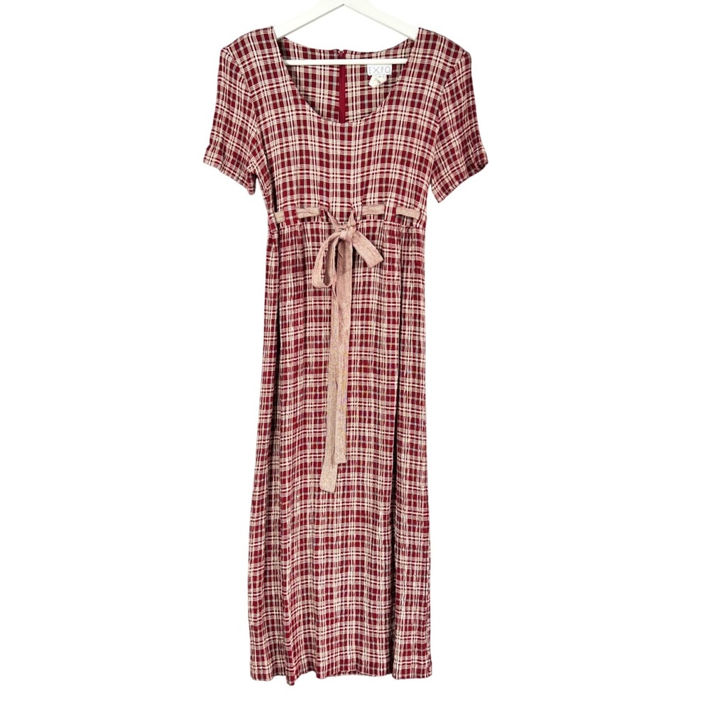 EXPO Vintage Red White Plaid Maxi Dress Short Sleeve Empire Tie Waist Size 6